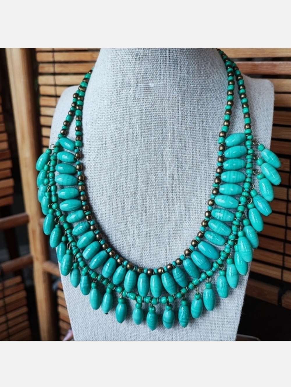 Aqua Turquoise Glass Beaded Bib Collar Style Brass Necklace Vintage EUC Mermaid